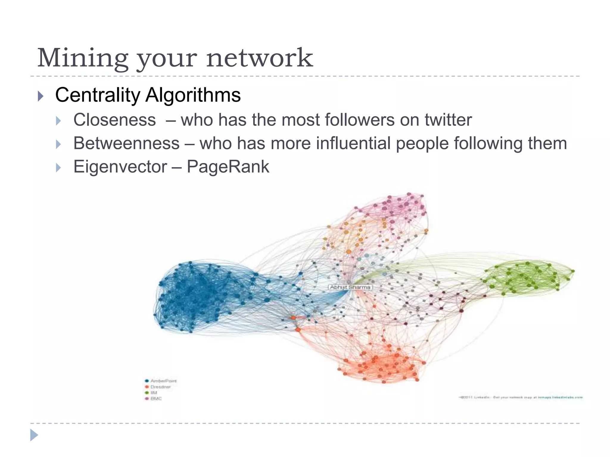 Mining your networkCentrality Algorithms Closeness  – who has the most followers on twitter Betweenness – who has more influential people following themEigenvector – PageRank