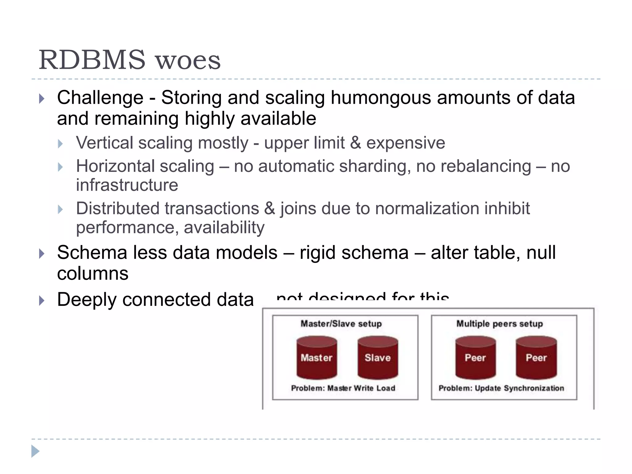 RDBMS woesChallenge - Storing and scaling humongous amounts of data and remaining highly availableVertical scaling mostly - upper limit & expensiveHorizontal scaling – no automatic sharding, no rebalancing – no infrastructureDistributed transactions & joins due to normalization inhibit performance, availabilitySchema less data models – rigid schema – alter table, null columns Deeply connected data – not designed for this