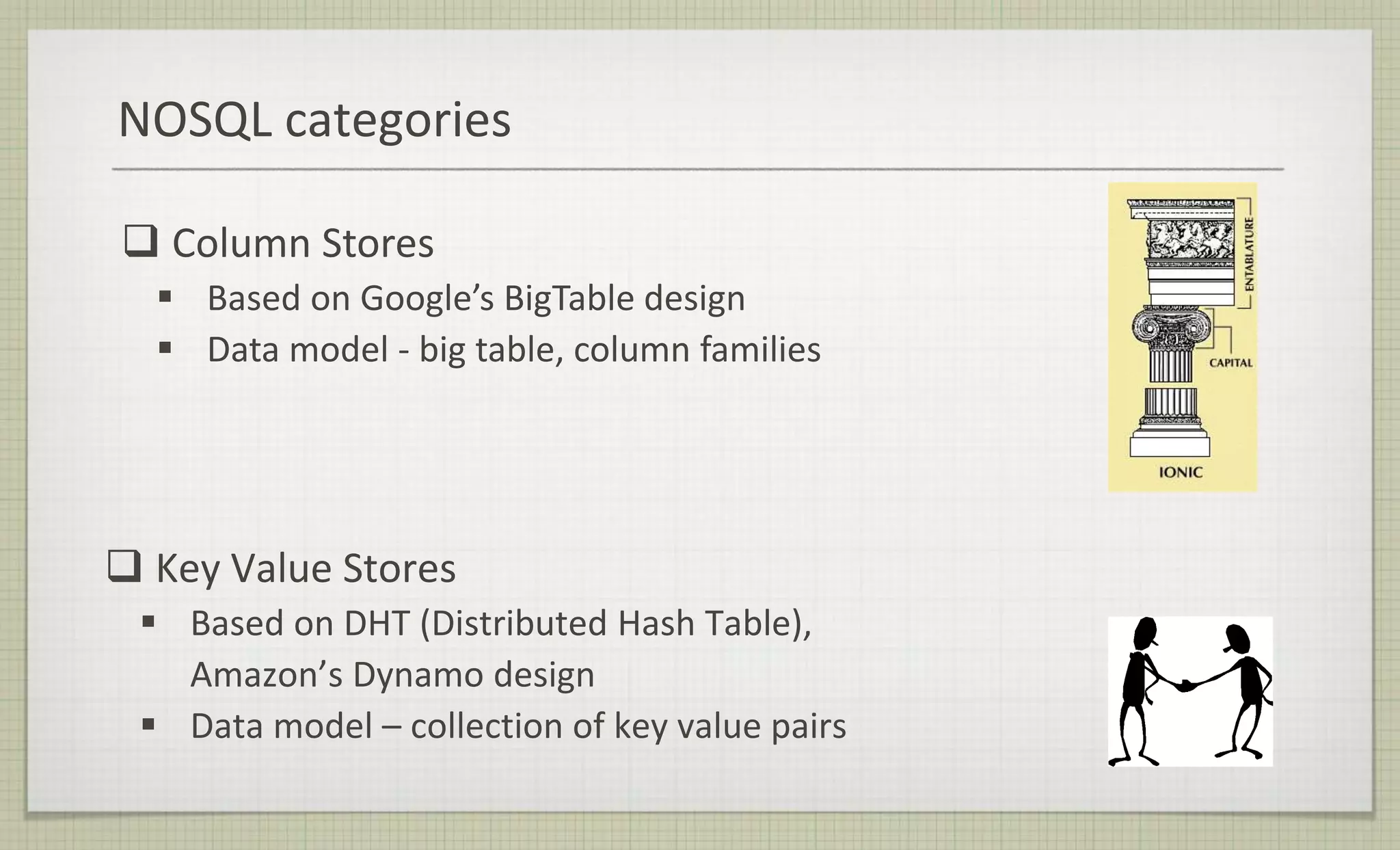 NOSQL categories
 Key Value Stores
 Based on DHT (Distributed Hash Table),
Amazon’s Dynamo design
 Data model – collection of key value pairs
 Column Stores
 Based on Google’s BigTable design
 Data model - big table, column families
 
