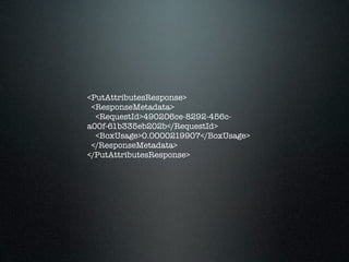 <PutAttributesResponse>
 <ResponseMetadata>
  <RequestId>490206ce-8292-456c-
a00f-61b335eb202b</RequestId>
  <BoxUsage>0.0000219907</BoxUsage>
 </ResponseMetadata>
</PutAttributesResponse>
 