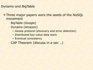 Dynamo and BigTable

  Three
      major papers were the seeds of the NoSQL
  movement
   – BigTable (Google)
   – Dynamo (Amazon)
      •   Gossip protocol (discovery and error detection)
      •   Distributed key-value data store
      •   Eventual consistency
   – CAP Theorem (discuss in a sec ..)
 