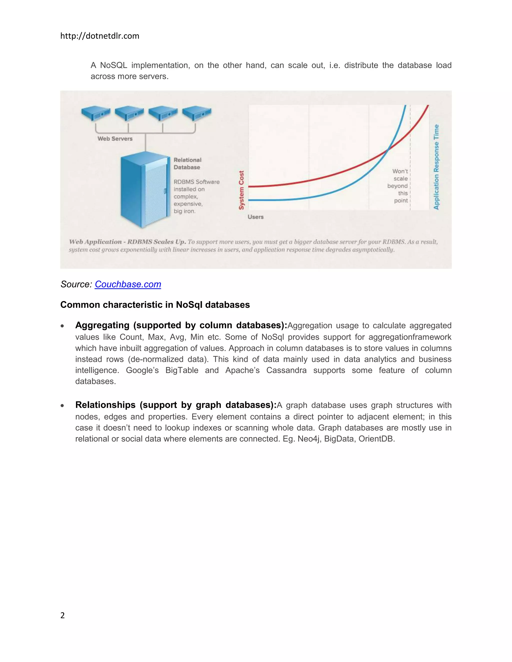 http://dotnetdlr.com


        A NoSQL implementation, on the other hand, can scale out, i.e. distribute the database load
        across more servers.




Source: Couchbase.com

Common characteristic in NoSql databases

    Aggregating (supported by column databases):Aggregation usage to calculate aggregated
    values like Count, Max, Avg, Min etc. Some of NoSql provides support for aggregationframework
    which have inbuilt aggregation of values. Approach in column databases is to store values in columns
    instead rows (de-normalized data). This kind of data mainly used in data analytics and business
    intelligence. Google’s BigTable and Apache’s Cassandra supports some feature of column
    databases.

    Relationships (support by graph databases):A graph database uses graph structures with
    nodes, edges and properties. Every element contains a direct pointer to adjacent element; in this
    case it doesn’t need to lookup indexes or scanning whole data. Graph databases are mostly use in
    relational or social data where elements are connected. Eg. Neo4j, BigData, OrientDB.




2
 