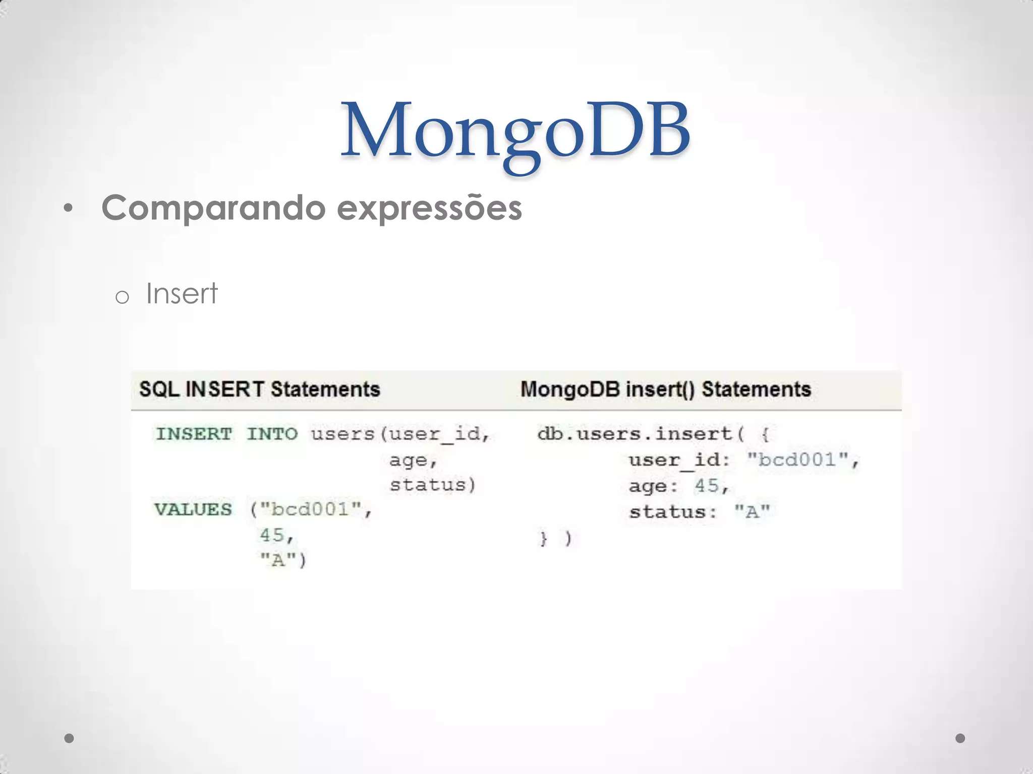 MongoDB
• Comparando expressões
o Insert
 