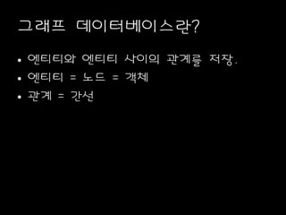 그래프 데이터베이스란?
• 엔티티와 엔티티 사이의 관계를 저장.
• 엔티티 = 노드 = 객체
• 관계 = 간선
 