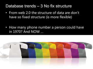 • From web 2.0 the structure of data are don’t
have so fixed structure (is more flexible)
• How many phone number a person could have
in 1970? And NOW …
Database trends – 3 No fix structure
 
