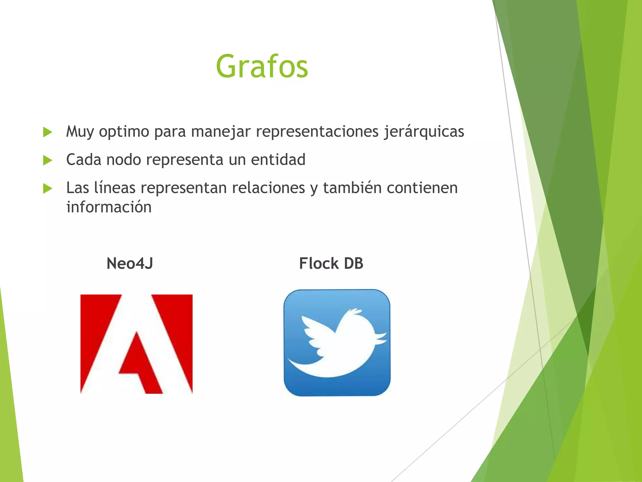 Grafos
 Muy optimo para manejar representaciones jerárquicas
 Cada nodo representa un entidad
 Las líneas representan relaciones y también contienen
información
Neo4J Flock DB
 