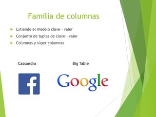 Familia de columnas
 Extiende el modelo clave – valor
 Conjunto de tuplas de clave – valor
 Columnas y súper columnas
Cassandra Big Table
 