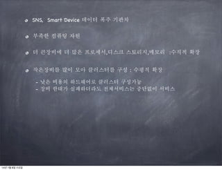 SNS, Smart Device 데이터 폭주 기관차
부족한 컴퓨팅 자원
더 큰장비에 더 많은 프로세서,디스크 스토리지,메모리 :수직적 확장
작은장비를 많이 모아 클러스터를 구성 : 수평적 확장
- 낮은 비용의 하드웨어로 클러스터 구성가능
- 장비 한대가 실패하더라도 전체서비스는 중단없이 서비스

14년 1월 8일 수요일

 