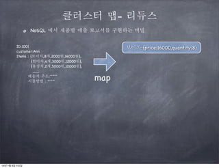 클러스터 맵- 리듀스
NoSQL 에서 제품별 매출 보고서를 구현하는 비빌
ID:1001
customer:Ann
Items : {보이차,8개,2000원,16000원},
{현미차,4개,3000원,12000원},
{용정차,2개,5000원,10000원},
........
배송지 주소:~~~
지불방법 : ~~~

14년 1월 8일 수요일

보이차:{price:16000,quantity:8}

map

 