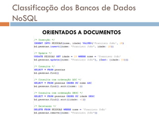 Classificação dos Bancos de Dados
NoSQL
ORIENTADOS A DOCUMENTOS
 