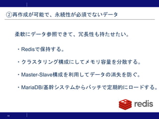 14
・Redisで保持する。
・クラスタリング構成にしてメモリ容量を分散する。
・Master-Slave構成を利用してデータの消失を防ぐ。
・MariaDB/基幹システムからバッチで定期的にロードする。
②再作成が可能で、永続性が必須でないデータ
柔軟にデータ参照できて、冗長性も持たせたい。
 