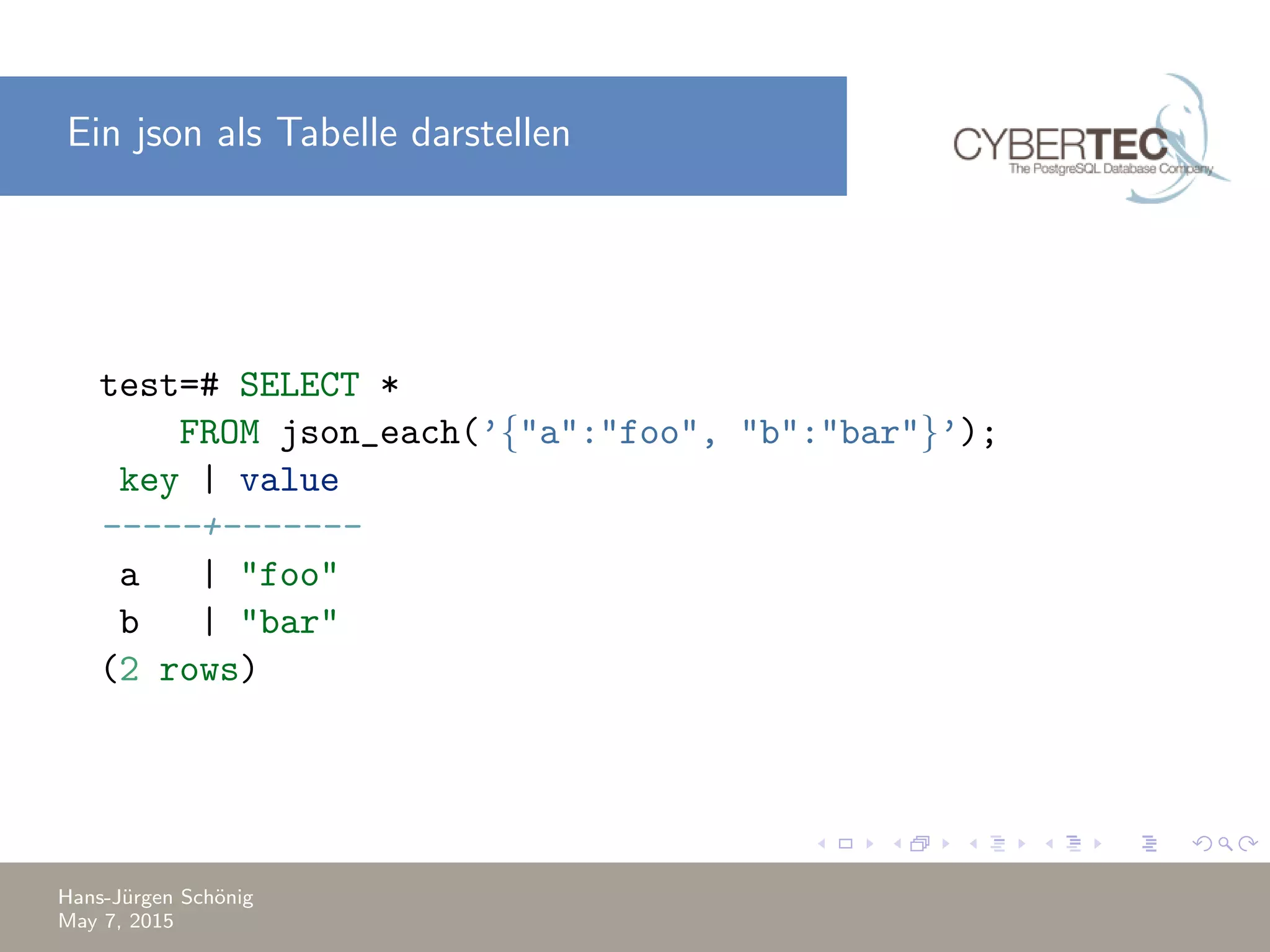 Ein json als Tabelle darstellen test=# SELECT * FROM json_each(’{"a":"foo", "b":"bar"}’); key | value -----+------- a | "foo" b | "bar" (2 rows) Hans-J¨urgen Sch¨onig May 7, 2015 