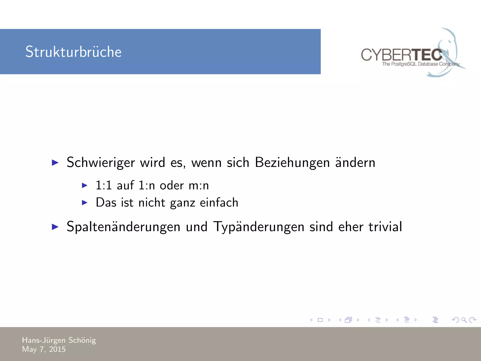 Strukturbr¨uche Schwieriger wird es, wenn sich Beziehungen ¨andern 1:1 auf 1:n oder m:n Das ist nicht ganz einfach Spalten¨anderungen und Typ¨anderungen sind eher trivial Hans-J¨urgen Sch¨onig May 7, 2015 