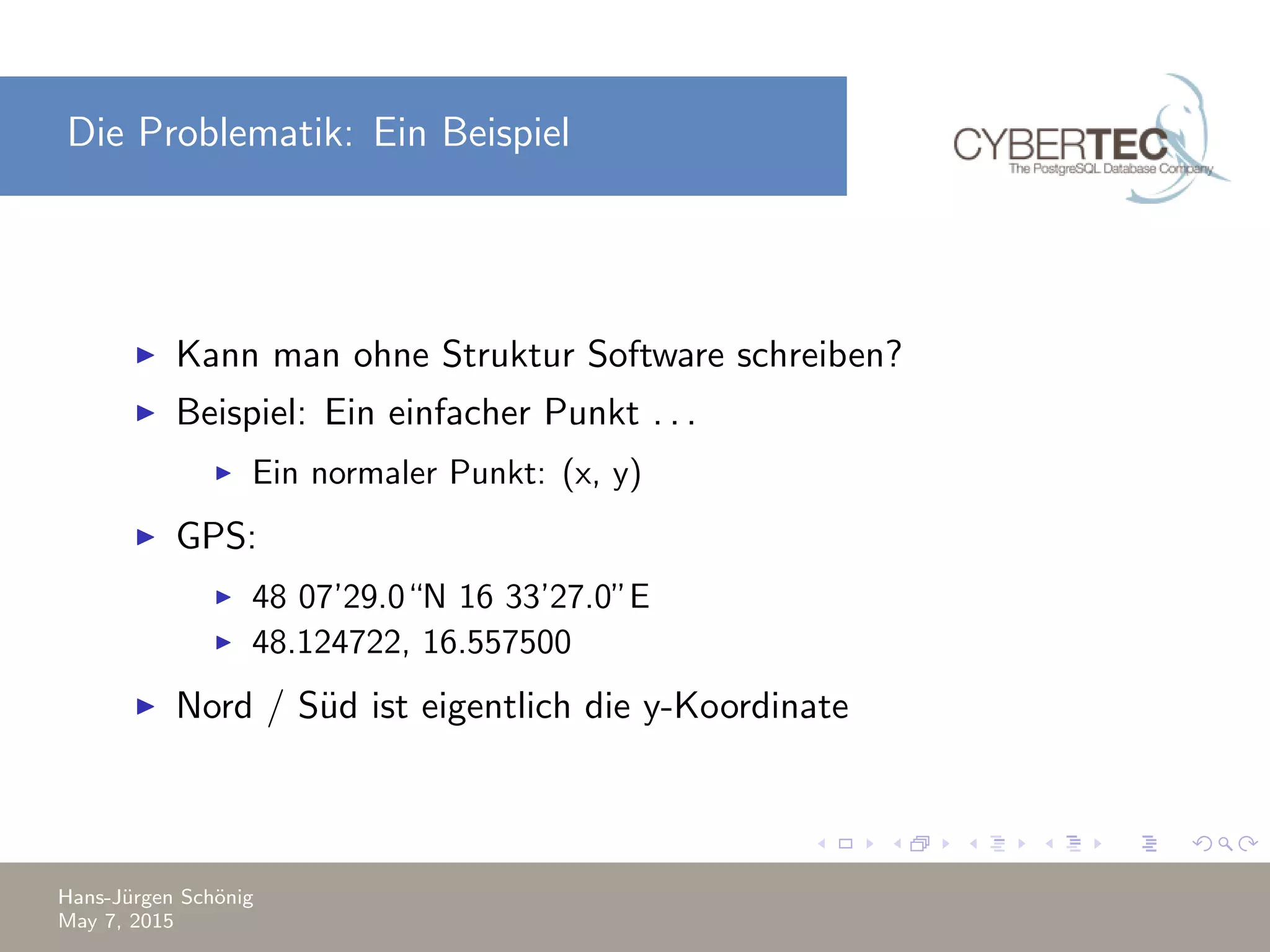 Die Problematik: Ein Beispiel Kann man ohne Struktur Software schreiben? Beispiel: Ein einfacher Punkt . . . Ein normaler Punkt: (x, y) GPS: 48 07’29.0“N 16 33’27.0”E 48.124722, 16.557500 Nord / S¨ud ist eigentlich die y-Koordinate Hans-J¨urgen Sch¨onig May 7, 2015 