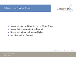 hstore: Key / Value Store
hstore ist der traditionelle Key / Value Store
hstore hat ein propriet¨ares Format
Schon seit vielen Jahren verf¨ugbar
hochkompaktes Format
Hans-J¨urgen Sch¨onig
May 7, 2015
 