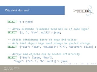 Wie sieht das aus?
SELECT ’5’::json;
-- Array elements (elements need not be of same type)
SELECT ’[1, 2, "foo", null]’::json;
-- Object containing pairs of keys and values
-- Note that object keys must always be quoted strings
SELECT ’{"bar": "baz", "balance": 7.77, "active": false}’::
-- Arrays and objects can be nested arbitrarily
SELECT ’{"foo": [true, "bar"],
"tags": {"a": 1, "b": null}}’::json;
Hans-J¨urgen Sch¨onig
May 7, 2015
 