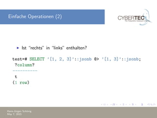 Einfache Operationen (2)
Ist “rechts” in “links” enthalten?
test=# SELECT ’[1, 2, 3]’::jsonb @> ’[1, 3]’::jsonb;
?column?
----------
t
(1 row)
Hans-J¨urgen Sch¨onig
May 7, 2015
 