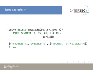 jsons aggregieren
test=# SELECT json_agg(row_to_json(x))
FROM (VALUES (1, 2), (3, 4)) AS x;
json_agg
--------------------------------------------------------
[{"column1":1,"column2":2}, {"column1":3,"column2":4}]
(1 row)
Hans-J¨urgen Sch¨onig
May 7, 2015
 