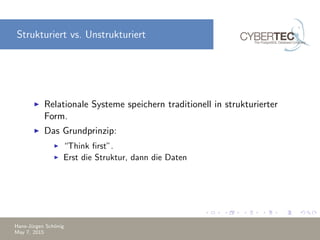 Strukturiert vs. Unstrukturiert
Relationale Systeme speichern traditionell in strukturierter
Form.
Das Grundprinzip:
“Think ﬁrst”.
Erst die Struktur, dann die Daten
Hans-J¨urgen Sch¨onig
May 7, 2015
 