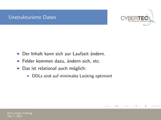 Unstrukturierte Daten
Der Inhalt kann sich zur Laufzeit ¨andern.
Felder kommen dazu, ¨andern sich, etc.
Das ist relational auch m¨oglich:
DDLs sind auf minimales Locking optimiert
Hans-J¨urgen Sch¨onig
May 7, 2015
 