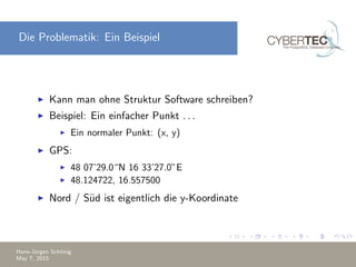Die Problematik: Ein Beispiel
Kann man ohne Struktur Software schreiben?
Beispiel: Ein einfacher Punkt . . .
Ein normaler Punkt: (x, y)
GPS:
48 07’29.0“N 16 33’27.0”E
48.124722, 16.557500
Nord / S¨ud ist eigentlich die y-Koordinate
Hans-J¨urgen Sch¨onig
May 7, 2015
 