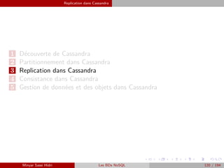 Replication dans Cassandra
1 Découverte de Cassandra
2 Partitionnement dans Cassandra
3 Replication dans Cassandra
4 Consistance dans Cassandra
5 Gestion de données et des objets dans Cassandra
Minyar Sassi Hidri Les BDs NoSQL 120 / 194
 