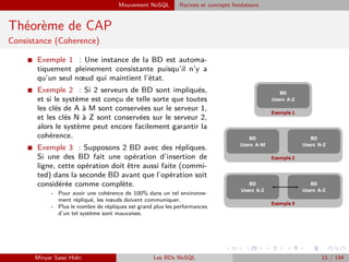 Mouvement NoSQL Racines et concepts fondateurs
Théorème de CAP
Consistance (Coherence)
I Exemple 1 : Une instance de la BD est automa-
tiquement pleinement consistante puisqu’il n’y a
qu’un seul nœud qui maintient l’état.
I Exemple 2 : Si 2 serveurs de BD sont impliqués,
et si le système est conc¸u de telle sorte que toutes
les clés de A à M sont conservées sur le serveur 1,
et les clés N à Z sont conservées sur le serveur 2,
alors le système peut encore facilement garantir la
cohérence.
I Exemple 3 : Supposons 2 BD avec des répliques.
Si une des BD fait une opération d’insertion de
ligne, cette opération doit être aussi faite (commi-
ted) dans la seconde BD avant que l’opération soit
considérée comme complète.
- Pour avoir une cohérence de 100% dans un tel environne-
ment répliqué, les nœuds doivent communiquer.
- Plus le nombre de répliques est grand plus les performances
d’un tel système sont mauvaises.
Minyar Sassi Hidri Les BDs NoSQL 15 / 194
 