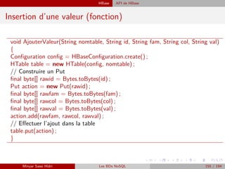 HBase API de HBase
Insertion d’une valeur (fonction)
void AjouterValeur(String nomtable, String id, String fam, String col, String val)
{
Conﬁguration conﬁg = HBaseConﬁguration.create() ;
HTable table = new HTable(conﬁg, nomtable) ;
// Construire un Put
ﬁnal byte[] rawid = Bytes.toBytes(id) ;
Put action = new Put(rawid) ;
ﬁnal byte[] rawfam = Bytes.toBytes(fam) ;
ﬁnal byte[] rawcol = Bytes.toBytes(col) ;
ﬁnal byte[] rawval = Bytes.toBytes(val) ;
action.add(rawfam, rawcol, rawval) ;
// Eﬀectuer l’ajout dans la table
table.put(action) ;
}
Minyar Sassi Hidri Les BDs NoSQL 155 / 194
 