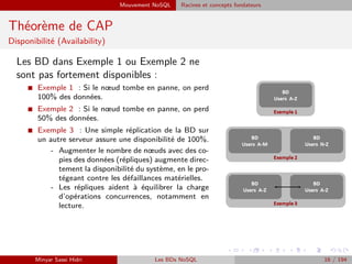 Mouvement NoSQL Racines et concepts fondateurs
Théorème de CAP
Disponibilité (Availability)
Les BD dans Exemple 1 ou Exemple 2 ne
sont pas fortement disponibles :
I Exemple 1 : Si le nœud tombe en panne, on perd
100% des données.
I Exemple 2 : Si le nœud tombe en panne, on perd
50% des données.
I Exemple 3 : Une simple réplication de la BD sur
un autre serveur assure une disponibilité de 100%.
- Augmenter le nombre de nœuds avec des co-
pies des données (répliques) augmente direc-
tement la disponibilité du système, en le pro-
tégeant contre les défaillances matérielles.
- Les répliques aident à équilibrer la charge
d’opérations concurrences, notamment en
lecture.
Minyar Sassi Hidri Les BDs NoSQL 16 / 194
 