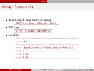Neo4j
Neo4j : Exemple (1)
I Tout d’abord, nous créons un nœud :
CREATE n = {nom : ’Milou’, ville : ’Paris’} ;
I Aﬃchage :
START n=node(1) RETURN n ;
I Résultat :
==> +-−-−-−-−-−-−-−-−-−-−-−-−-−-−-−-−-−-−+
==> | n |
==> +-−-−-−-−-−-−-−-−-−-−-−-−-−-−-−-−-−-−+
==> | Node[1]{nom : Milou ,ville : Paris } |
==> +-−-−-−-−-−-−-−-−-−-−-−-−-−-−-−-−-−-−+
==> 1 row
==> 0 ms
Minyar Sassi Hidri Les BDs NoSQL 163 / 194
 