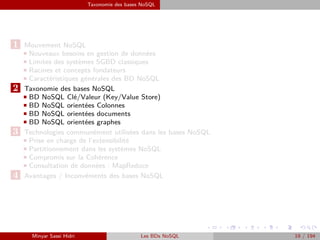 Taxonomie des bases NoSQL
1 Mouvement NoSQL
Nouveaux besoins en gestion de données
Limites des systèmes SGBD classiques
Racines et concepts fondateurs
Caractéristiques générales des BD NoSQL
2 Taxonomie des bases NoSQL
BD NoSQL Clé/Valeur (Key/Value Store)
BD NoSQL orientées Colonnes
BD NoSQL orientées documents
BD NoSQL orientées graphes
3 Technologies communément utilisées dans les bases NoSQL
Prise en charge de l’extensibilité
Partitionnement dans les systèmes NoSQL
Compromis sur la Cohérence
Consultation de données : MapReduce
4 Avantages / Inconvénients des bases NoSQL
Minyar Sassi Hidri Les BDs NoSQL 19 / 194
 