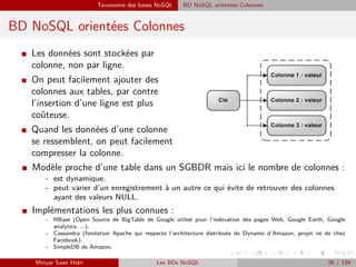 Taxonomie des bases NoSQL BD NoSQL orientées Colonnes
BD NoSQL orientées Colonnes
I Les données sont stockées par
colonne, non par ligne.
I On peut facilement ajouter des
colonnes aux tables, par contre
l’insertion d’une ligne est plus
coûteuse.
I Quand les données d’une colonne
se ressemblent, on peut facilement
compresser la colonne.
I Modèle proche d’une table dans un SGBDR mais ici le nombre de colonnes :
- est dynamique.
- peut varier d’un enregistrement à un autre ce qui évite de retrouver des colonnes
ayant des valeurs NULL.
I Implémentations les plus connues :
- HBase (Open Source de BigTable de Google utilisé pour l’indexation des pages Web, Google Earth, Google
analytics, ...).
- Cassandra (fondation Apache qui respecte l’architecture distribuée de Dynamo d’Amazon, projet né de chez
Facebook).
- SimpleDB de Amazon.
Minyar Sassi Hidri Les BDs NoSQL 26 / 194
 