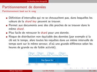 Le sharding dans MongoDB
Partitionnement de données
Partitionnement basé sur le rang
I Déﬁnition d’intervalles qui ne se chevauchent pas, dans lesquelles les
valeurs de la shard key peuvent se trouver.
I Permet aux documents avec des clés proches de se trouver dans le
même shard.
I Plus facile de retrouver le shard pour une donnée.
I Risque de distribution non équitable des données (par exemple si la
clé est le temps, alors toutes les requêtes dans un même intervalle de
temps sont sur le même serveur, d’où une grande diﬀérence selon les
heures de grande ou de faible activité).
Minyar Sassi Hidri Les BDs NoSQL 97 / 194
 