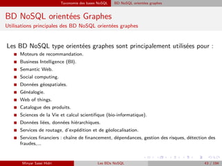 Taxonomie des bases NoSQL BD NoSQL orientées graphes
BD NoSQL orientées Graphes
Utilisations principales des BD NoSQL orie...