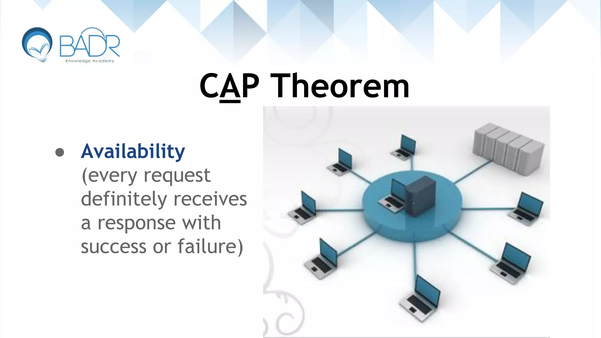 CAP Theorem
● Availability
(every request
definitely receives
a response with
success or failure)
 