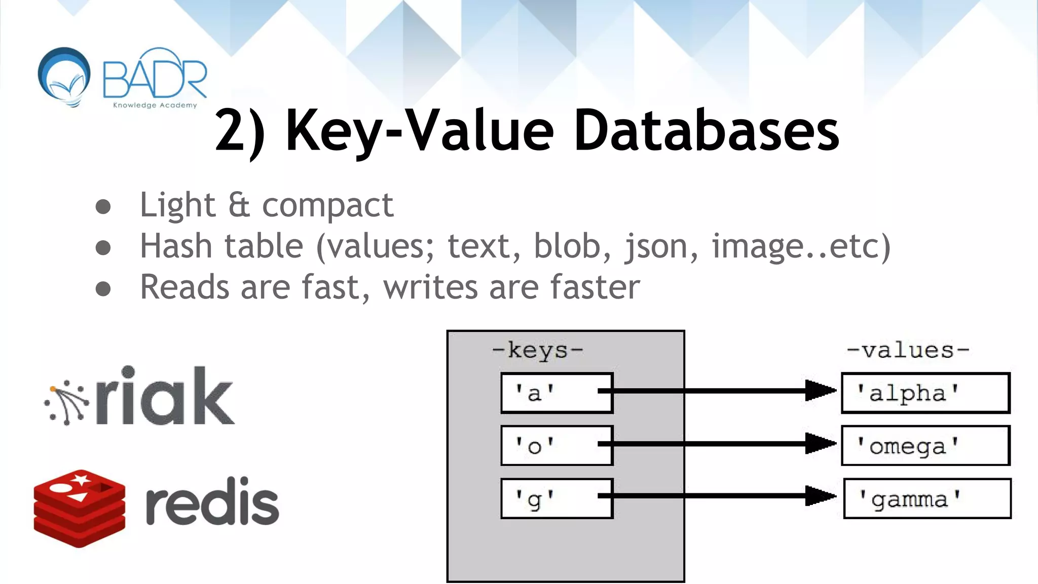 2) Key-Value Databases
● Light & compact
● Hash table (values; text, blob, json, image..etc)
● Reads are fast, writes are faster
 