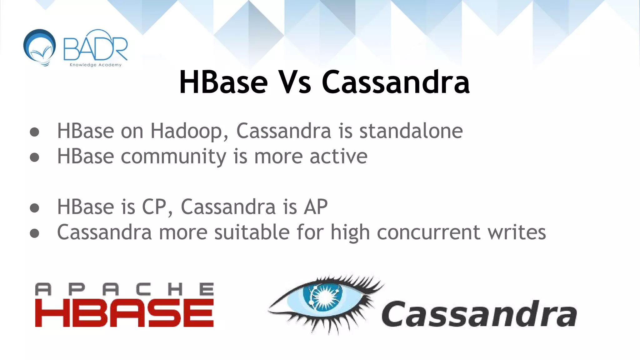 HBase Vs Cassandra
● HBase on Hadoop, Cassandra is standalone
● HBase community is more active
● HBase is CP, Cassandra is AP
● Cassandra more suitable for high concurrent writes
 
