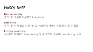 NoSQL BASE
Basic availability
클러스터 덕분에 기본적으로 Available
Soft-state
입력 데이터가 없는 상황 에서도 시스템의 상태는 항상 변경 될 수 있음
Eventual consistency
잠시동안 데이터가 inconsistency 할 수 있으나 결국에는 consistency 상태
 