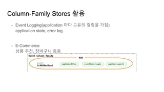 Column-Family Stores 활용
- Event Logging(application 마다 고유의 컬럼을 가짐)
application state, error log
- E-Commerce
상품 추천, 장바구니 등등
 