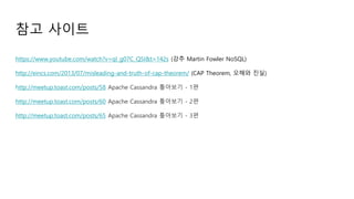 참고 사이트
https://www.youtube.com/watch?v=qI_g07C_Q5I&t=142s (강추 Martin Fowler NoSQL)
http://eincs.com/2013/07/misleading-and-truth-of-cap-theorem/ (CAP Theorem, 오해와 진실)
http://meetup.toast.com/posts/58 Apache Cassandra 톺아보기 - 1편
http://meetup.toast.com/posts/60 Apache Cassandra 톺아보기 - 2편
http://meetup.toast.com/posts/65 Apache Cassandra 톺아보기 - 3편
 