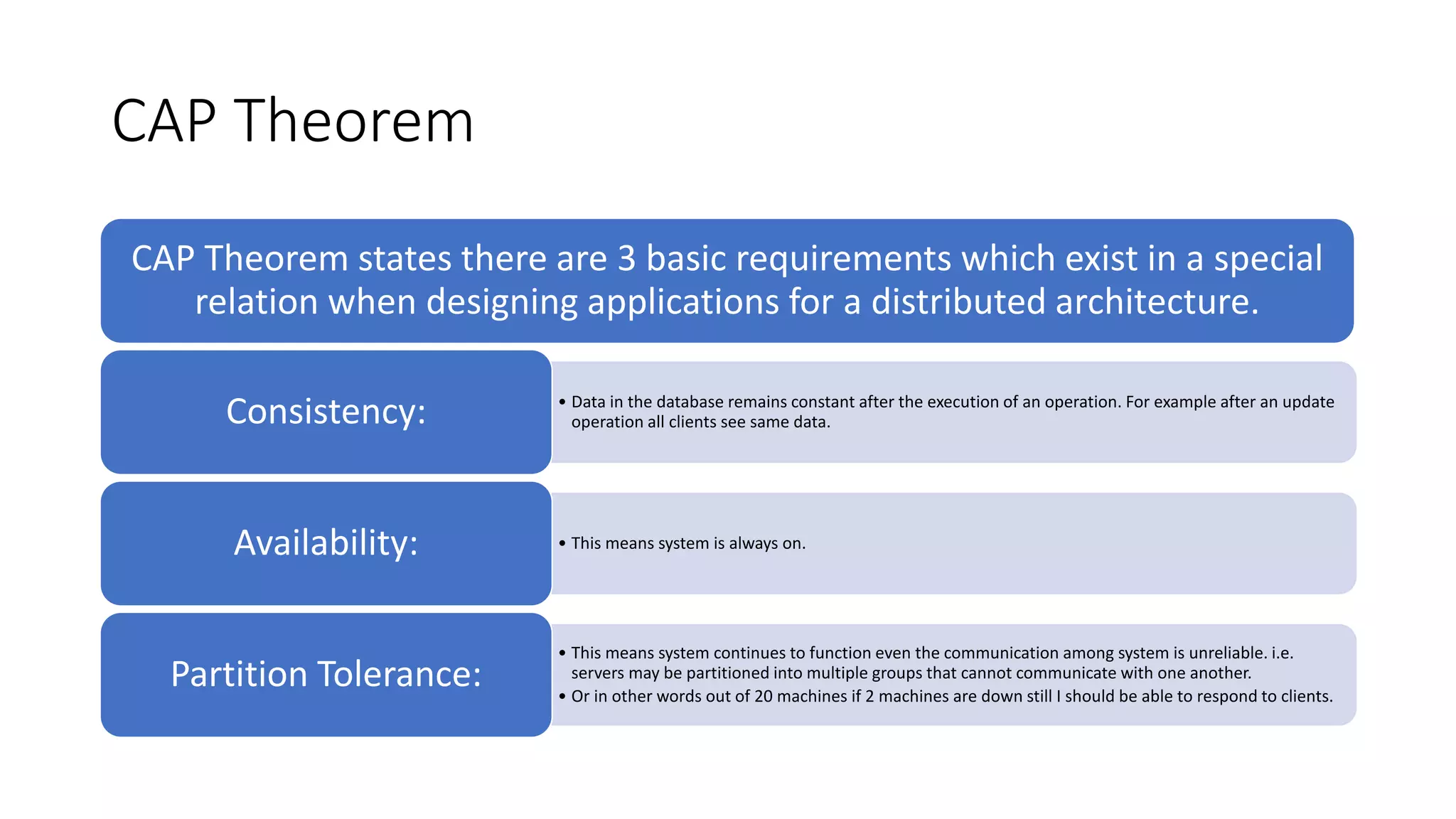 CAP Theorem
CAP Theorem states there are 3 basic requirements which exist in a special
relation when designing applications for a distributed architecture.
• Data in the database remains constant after the execution of an operation. For example after an update
operation all clients see same data.Consistency:
• This means system is always on.Availability:
• This means system continues to function even the communication among system is unreliable. i.e.
servers may be partitioned into multiple groups that cannot communicate with one another.
• Or in other words out of 20 machines if 2 machines are down still I should be able to respond to clients.
Partition Tolerance:
 