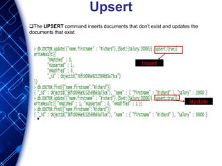 Upsert
The UPSERT command inserts documents that don’t exist and updates the
documents that exist
Insert
Update
 
