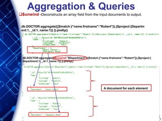 Aggregation & Queries
db.DOCTOR.aggregate([{$match:{"name.firstname":"Robert"}},{$project:{Departm
ent:1, _id:1, name:1}} ]).pretty()
db.DOCTOR.aggregate([{$unwind:"$Department"},{$match:{"name.firstname":"Robert"}},{$project:{
Department:1, _id:1, name:1}} ]).pretty()
$unwind -Deconstructs an array field from the input documents to output.
A document for each element.
 