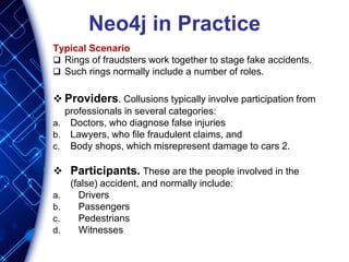 Neo4j in Practice
Typical Scenario
 Rings of fraudsters work together to stage fake accidents.
 Such rings normally include a number of roles.
 Providers. Collusions typically involve participation from
professionals in several categories:
a. Doctors, who diagnose false injuries
b. Lawyers, who file fraudulent claims, and
c. Body shops, which misrepresent damage to cars 2.
 Participants. These are the people involved in the
(false) accident, and normally include:
a. Drivers
b. Passengers
c. Pedestrians
d. Witnesses
 