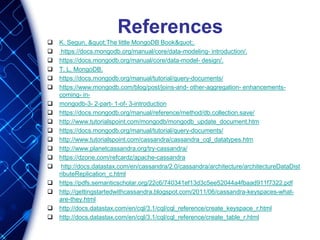 References
 K. Segun, "The little MongoDB Book".
 https://docs.mongodb.org/manual/core/data-modeling- introduction/.
 https://docs.mongodb.org/manual/core/data-model- design/.
 T. L. MongoDB.
 https://docs.mongodb.org/manual/tutorial/query-documents/
 https://www.mongodb.com/blog/post/joins-and- other-aggregation- enhancements-
coming- in-
 mongodb-3- 2-part- 1-of- 3-introduction
 https://docs.mongodb.org/manual/reference/method/db.collection.save/
 http://www.tutorialspoint.com/mongodb/mongodb_update_document.htm
 https://docs.mongodb.org/manual/tutorial/query-documents/
 http://www.tutorialspoint.com/cassandra/cassandra_cql_datatypes.htm
 http://www.planetcassandra.org/try-cassandra/
 https://dzone.com/refcardz/apache-cassandra
 http://docs.datastax.com/en/cassandra/2.0/cassandra/architecture/architectureDataDist
ributeReplication_c.html
 https://pdfs.semanticscholar.org/22c6/740341ef13d3c5ee52044a4fbaad911f7322.pdf
 http://gettingstartedwithcassandra.blogspot.com/2011/06/cassandra-keyspaces-what-
are-they.html
 http://docs.datastax.com/en/cql/3.1/cql/cql_reference/create_keyspace_r.html
 http://docs.datastax.com/en/cql/3.1/cql/cql_reference/create_table_r.html
 