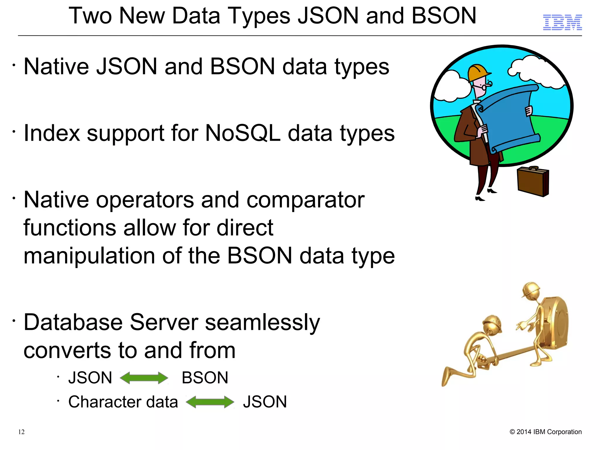 12 Two New Data Types JSON and BSON • Native JSON and BSON data types • Index support for NoSQL data types • Native operators and comparator functions allow for direct manipulation of the BSON data type • Database Server seamlessly converts to and from • JSON BSON • Character data JSON 