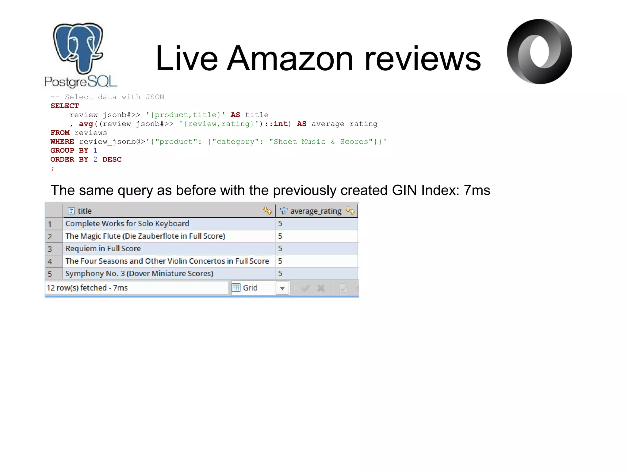 Live Amazon reviews
-- Select data with JSON
SELECT
review_jsonb#>> '{product,title}' AS title
, avg((review_jsonb#>> '{review,rating}')::int) AS average_rating
FROM reviews
WHERE review_jsonb@>'{"product": {"category": "Sheet Music & Scores"}}'
GROUP BY 1
ORDER BY 2 DESC
;
The same query as before with the previously created GIN Index: 7ms
 