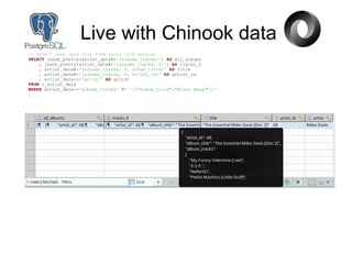 Live with Chinook data
-- SELECT some data that VIEW using JSON methods
SELECT jsonb_pretty(artist_data#>'{albums_tracks}'...
