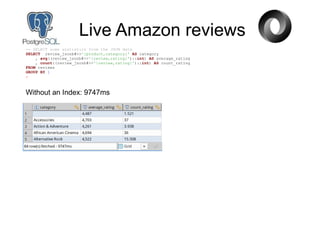 Live Amazon reviews
-- SELECT some statistics from the JSON data
SELECT review_jsonb#>>'{product,category}' AS category
, ...