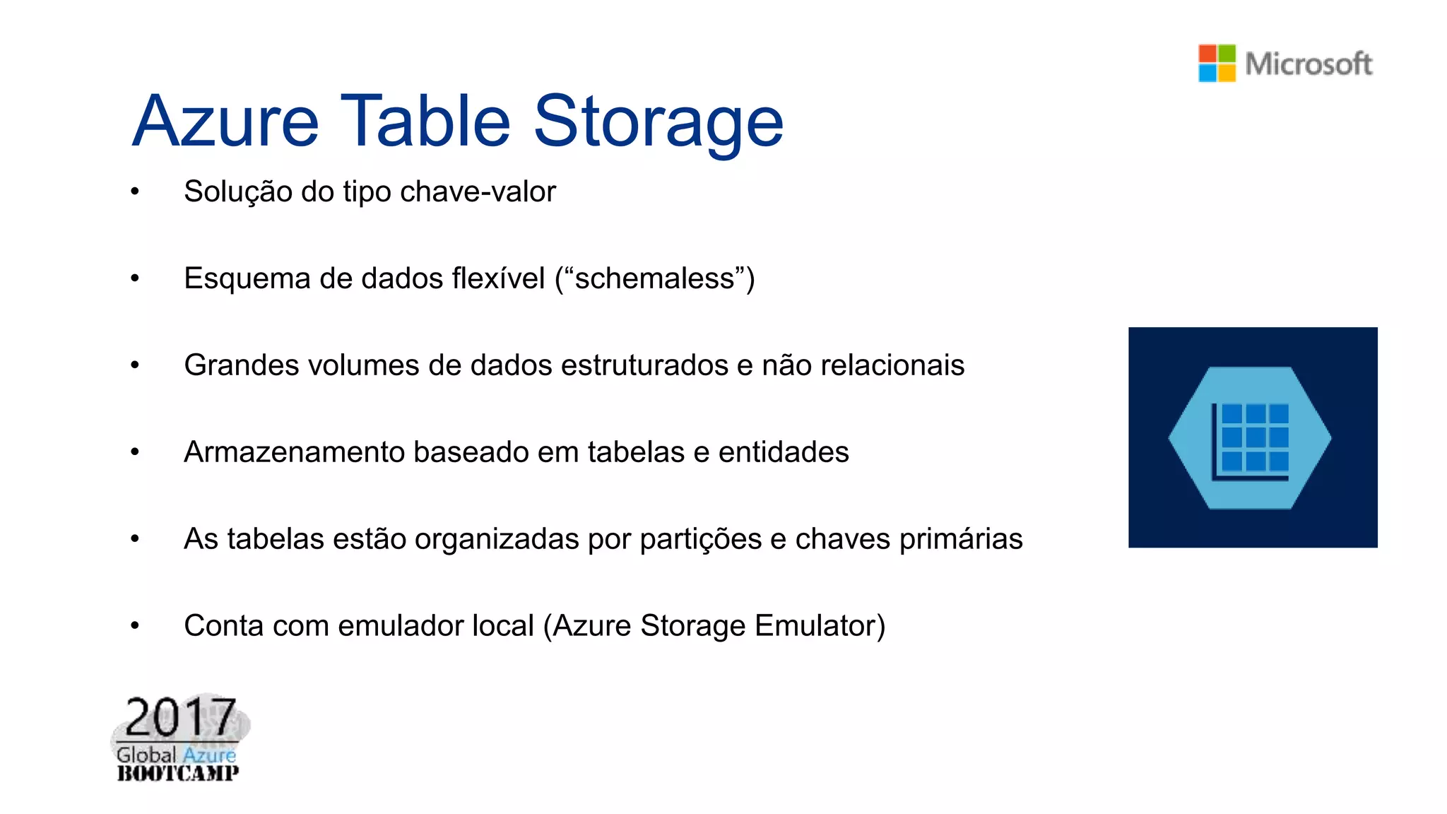 Azure Table Storage
• Solução do tipo chave-valor
• Esquema de dados flexível (“schemaless”)
• Grandes volumes de dados estruturados e não relacionais
• Armazenamento baseado em tabelas e entidades
• As tabelas estão organizadas por partições e chaves primárias
• Conta com emulador local (Azure Storage Emulator)
 